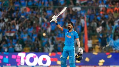 India's KL Rahul celebrates scoring his century off 62 balls - the fastest 100 by an Indian batsman at a World Cup - in the match against the Netherlands at the M Chinnaswamy Stadium in Bengaluru on November 12, 2023. AP