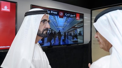 Sheikh Mohammed bin Rashid, Vice President and Ruler of Dubai, is given a tour of the Emirates lab by Adel Al Redha, Emirates’ executive vice president and chief operations officer, on Saturday. Wam