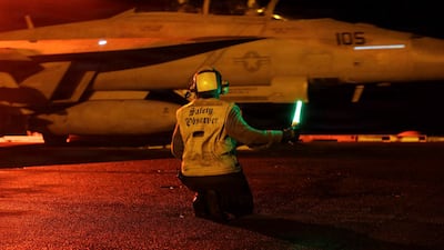 An F/A-18E Super Hornet about to take off from the deck of the USS George HW Bush in Arabian Sea. Centcom