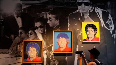 Acrylic and silkscreen ink on linen portraits by Andy Warhol on display at the "Michael Jackson: On the Wall" at the National Portrait Gallery in London, Britain, on June 27, 2018. Kirsty Wigglesworth / AP Photo