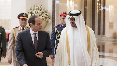 Sheikh Mohammed bin Zayed, Crown Prince of Abu Dhabi and Deputy Supreme Commander of the Armed Forces, receives Abdel Fattah El Sisi, President of Egypt, at the Presidential Airport. Ryan Carter / Crown Prince Court - Abu Dhabi