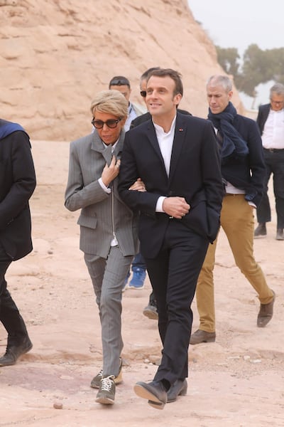 French President Emmauel Macron and his wife Brigitte during their visit to the temple of Abu Simbel. AFP
