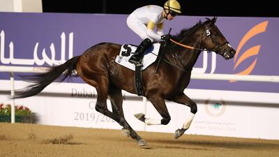 Tadhg O’Shea rides Pop The Hood to win the third horse race at the Meydan Racecourse. Pawan Singh / The National