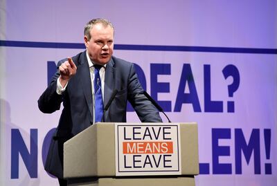 Conor Burns speaks at the 'Leave Means Leave' rally at Bournemouth International Centre in 2018. Alamy