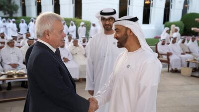 Sheikh Mohamed bin Zayed receives executives from top international and regional oil and gas companies, during a Sea Palace barza. Hamad Al Kaabi / Ministry of Presidential Affairs