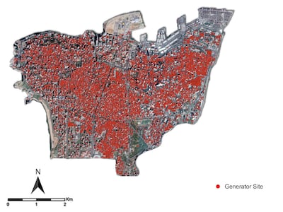 map of generators in Beirut. Credit Dr. Issam Lakkis and Najat Aoun Saliba