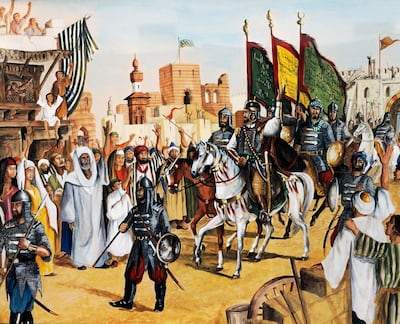 Saladin's entrance to Jerusalem, October 1187, painted by Ahmad. The painting is currently housed in Cairo at the Islamic Art Museum. Getty.