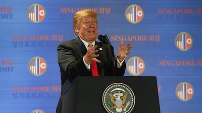 US President Donald Trump speaks at a press conference following the historic US-North Korea summit in Singapore on June 12, 2018. Donald Trump and Kim Jong Un hailed their historic summit on June 12 as a breakthrough in relations between Cold War foes, but the agreement they produced was short on details about the key issue of Pyongyang's nuclear weapons. Anthony Wallace / AFP