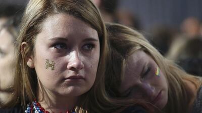 A supporter of Democratic US presidential nominee Hillary Clinton reacts at the election night rally in New York. Adrees Latif / Reuters