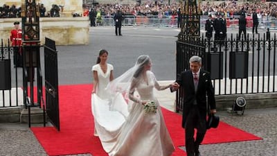Kate Middleton accompanied by her father Michael and sister Pippa arrives at Westminster Abbey.