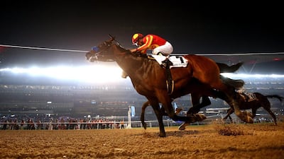 Secret Circle ridden by Victor Esinoza wins the Dubai Golden Shaheen during the Dubai World Cup at the Meydan Racecourse on March 28, 2015. Warren Little / Getty Images