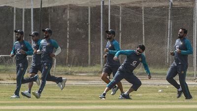 Pakistan players during training in Lahore. AFP