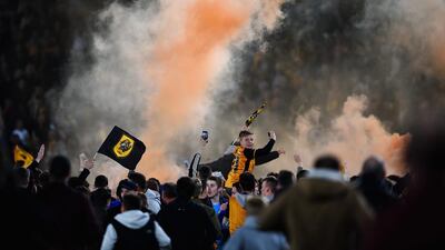 Hull fans celebrate making the play-off final during the Sky Bet Championship Play Off semi final second leg match between Hull City and Derby County at KC Stadium on May 17, 2016 in Derby, England. (Photo by Laurence Griffiths/Getty Images)