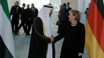 Sheikh Mohamed bin Zayed meets German Chancellor Angela Merkel in Berlin in January 2008..Ryan Carter / The National