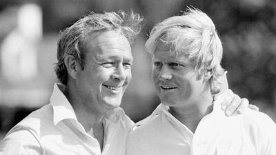 This April 4, 1973, file photo shows golfing greats Arnold Palmer and Jack Nicklaus on the course of Augusta National Golf Club in Augusta, Georgia. Palmer, who made golf popular for the masses with his hard-charging style, incomparable charisma and a personal touch that made him known throughout the golf world as "The King," died Sunday, September 25, 2016, in Pittsburgh. He was 87. AP Photo
