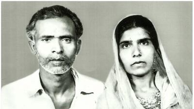 A combination picture shows Aamna (R) with her husband Munawar Ali in an undated family photograph, top, and, bottom, Aamna alone in Bhopal.