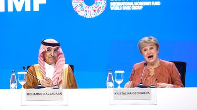 Saudi Finance Minister Mohammed Al Jadaan and IMF managing director Kristalina Georgieva, right, at the IMF and World Bank annual meetings in Bangkok. AFP