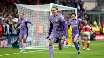 Darwin Nunez of Liverpool celebrates scoring the winning goal. EPA