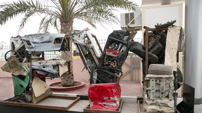 FYI, a sculpture made from crushed and mangled car parts, is used at road safety campaigns aimed at young drivers. Courtesy Nissan