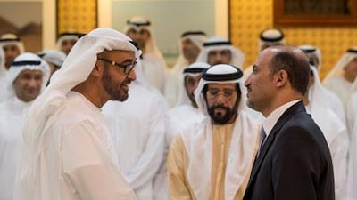 Sheikh Mohammed bin Zayed, Crown Prince of Abu Dhabi and Deputy Supreme Commander of the Armed Forces, with Ahmad Jarba, president of the National Coalition for Syrian Revolutionary and Opposition Forces, at Michael Green’s lecture in Al Bateen Palace. Ryan Carter / Crown Prince Court – Abu Dhabi