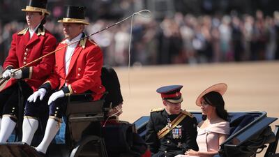 Prince Harry, Duke of Sussex and Meghan, Duchess of Sussex arrive at The Royal Horseguards during Trooping The Colour ceremony in London, England. The annual ceremony involving over 1400 guardsmen and cavalry, is believed to have first been performed during the reign of King Charles II. The parade marks the official birthday of the Sovereign, even though the Queen's actual birthday is on April 21st. Photo by Dan Kitwood / Getty Images