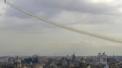 The Italian Air Force acrobatic squad ‘Frecce Tricolori’ (three-color arrows) fly over Rome’s skyline during the celebrations for the Armed Forces Day on November, 2016. The annual event marks the anniversary of the end of the First World War for the country in 1918. Gregorio Borgia / Associated Press