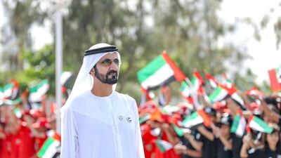 Sheikh Mohammed bin Rashid, Vice President and Ruler of Dubai, attends a Flag Day ceremony at Union House in Dubai in 2018. Wam
