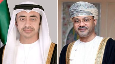 Sheikh Abdullah bin Zayed, Deputy Prime Minister and Minister of Foreign Affairs, and Omani Minister of Foreign Affairs Badr Al Busaidi, discussed ways to further strengthen co-operation between the UAE and Oman. Photo: Wam