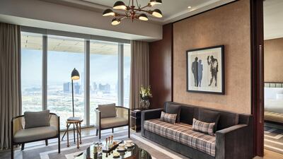 The living room in one of the hotel's Corner Suites. Courtesy Waldorf Astoria