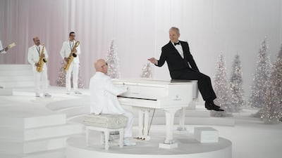 Musician Paul Shaffer and Bill Murray entertain and dazzle in the star-studded, old-school holiday special, A Very Murray Christmas. Ali Goldstein / Netflix