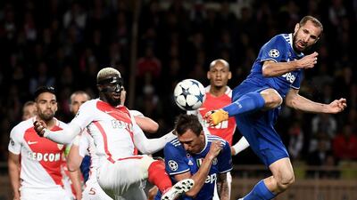 Monaco midfielder Tiemoue Bakayoko, left, fights for the ball against Juventus’s Mario Mandzukic, centre, and Giorgio Chiellini during their Champions League semi-final first leg match in Monaco.
