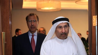 Central Bank governor Sultan Bin Nasser Al Suwaidi, right, with Jassim Al Mannai, the former chairman of the Arab Monetary Fund. Ravindranath K / The National