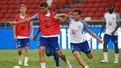 Chelsea's Alvaro Morata, left, and Cesar Azpilicueta in action during a training session at the National Stadium in Singapore, 24 July 2017. Wallace Woon / EPA
