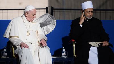 Pope Francis and Egyptian Islamic scholar and the current Grand Imam of al-Azhar mosque, Sheikh Ahmed Al-Tayeb attend a Prayer and Meeting for Peace, promoted by the Community of Sant’Egidio in Rome. AFP