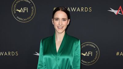 Rachel Brosnahan ('The Marvelous Mrs. Maisel') arrives at the 2019 AFI Awards in a green satin pantsuit by Cushnie. AP