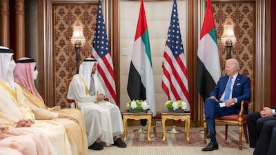 President Sheikh Mohamed meets with US President Joe Biden during the Jeddah Security and Development Summit in 2022. Abdulla Al Neyadi for the Presidential Court