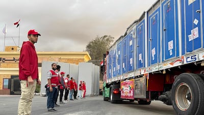 A lorry loaded with aid waits on the Egyptian side of the Rafah crossing with Gaza. As global leaders gather in Sharm El Sheikh, stabilisation and reconstruction must be high on their agenda. AFP