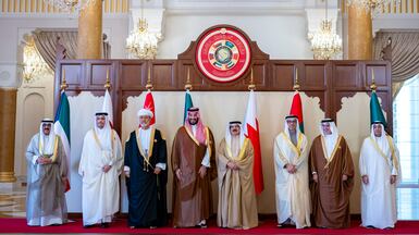 Leaders from across the region stand for a photograph during the 46th GCC Summit, at Sakhir Palace, in Bahrain. UAE Presidential Court