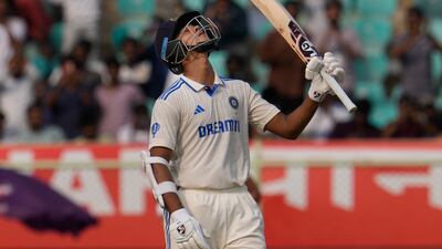 India's Yashasvi Jaiswal celebrates his 150 runs on Day 1 of the second Test. AP