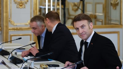 French President Emmanuel Macron at a meeting at Elysee Palace, during the AI summit, which is co-hosted by Indian Prime Minister Narendra Modi. EPA