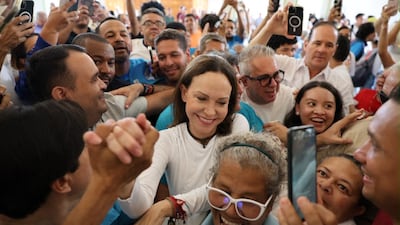 Venezuelan opposition leader Maria Corina Machado arrives at the Church of Santa Rosa in Barquisimeto, Venezuela, on October 25. AFP