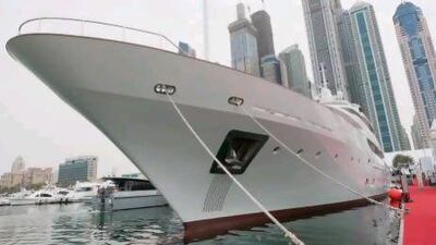 Superyacht The Riviera at the dock for the Dubai International Boat Show.