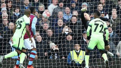 Manchester City's Kelechi Iheanacho scores their first goal against Aston Villa on Saturday in the FA Cup. Justin Tallis / AFP