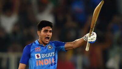 India's Shubman Gill celebrates after scoring his century against New Zealand. AFP