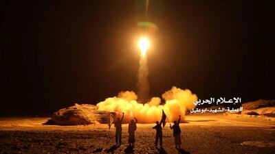 Houthi forces fire a ballistic missile aimed at Saudi Arabia, on March 25, 2018. Houthi Military Media Unit / Reuters