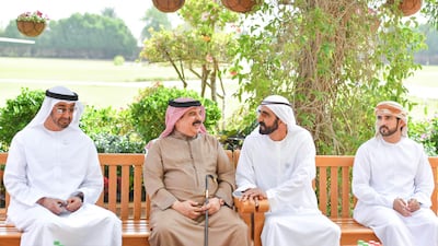 Sheikh Mohammed bin Rashid, UAE Vice President and Ruler of Dubai; and Sheikh Mohamed bin Zayed, Crown Prince of Abu Dhabi and Deputy Supreme Commander of the UAE Armed Forces; receive King Hamad bin Isa Al-Khalifa of Bahrain at ''Love Lake'' near Marmoum Rest house in Dubai. Sheikh Hamdan bin Mohammed bin Rashid Al Maktoum, Crown Prince of Dubai, attended the meeting. Dubai Media Office / Wam