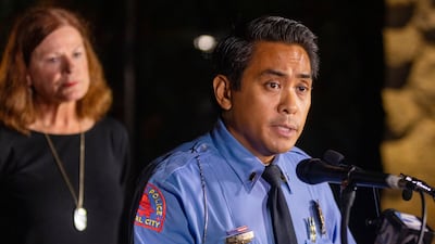 Raleigh Police Lt JA Borneo takes questions during a press briefing after several people were shot, and at least five were killed, on the Neuse River Greenway in Raleigh, North Carolina. AP