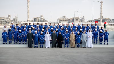 Sheikh Mohamed with Adnoc workers at Habshan Complex