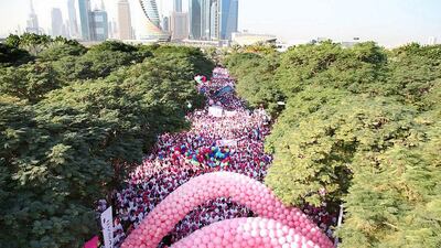 A total of 15,000 people marched 2km at Zabeel Park on Friday to raise awareness of breast cancer. Courtesy of Burjuman Pink Walkathon