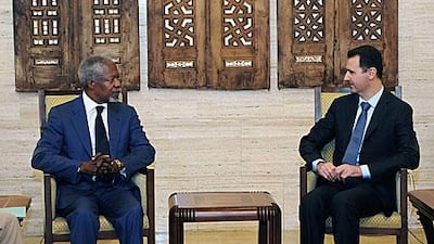 The UN's special envoy to Syria Kofi Anan, left, meeting with Syrian President Bashar Al Assad in Damascus today.